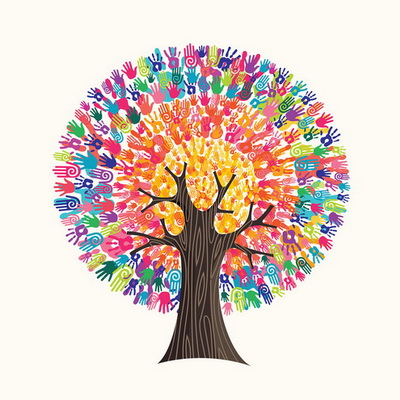 vector drawing of tree with many colored hands as leaves